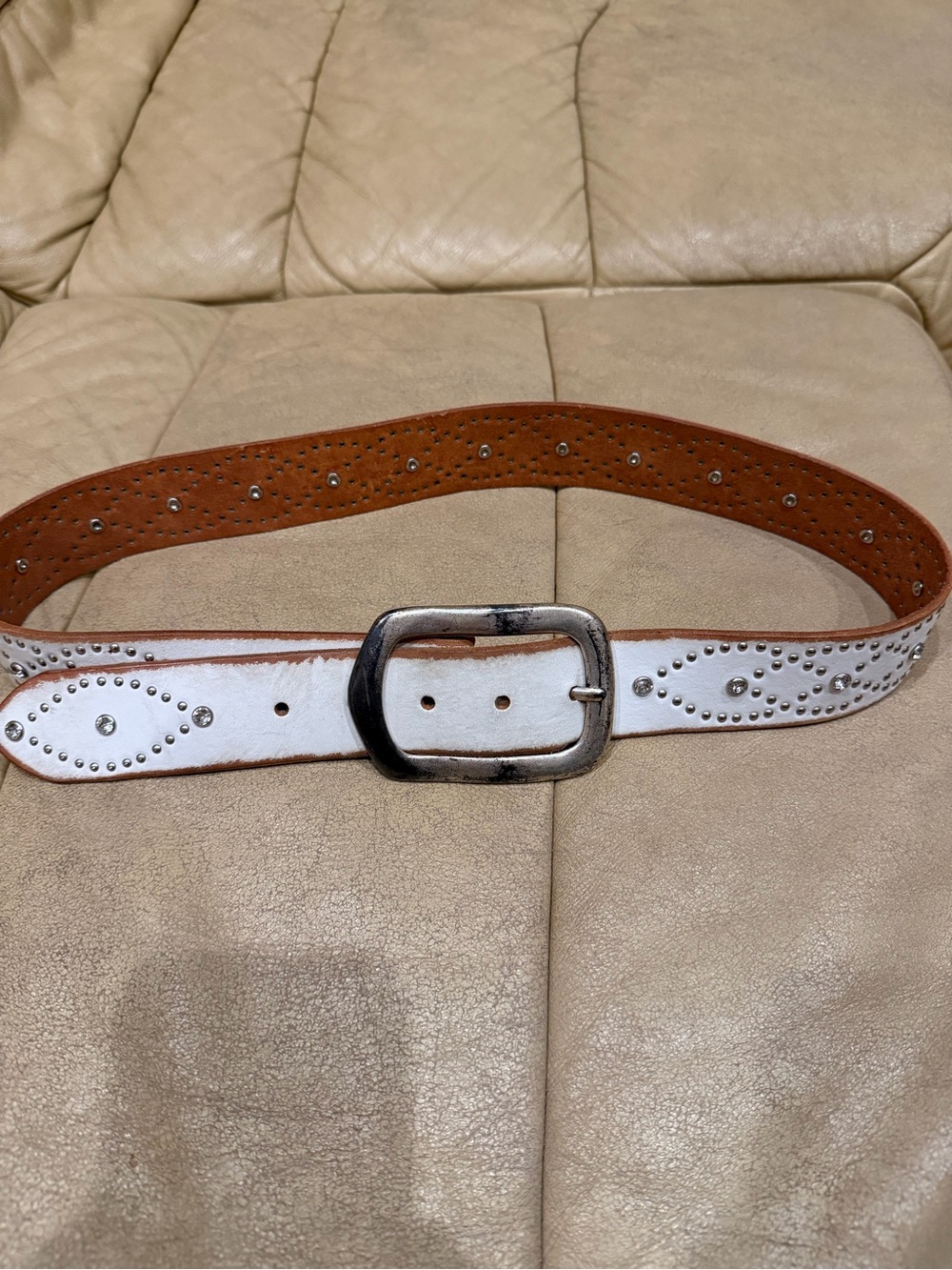 Linea Pelle White Studded Leather Belt with Silver Buckle